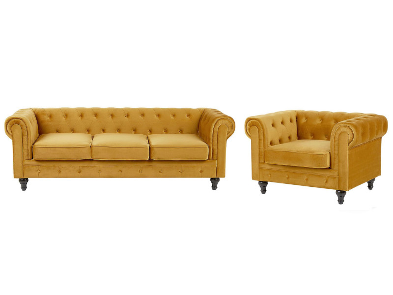 Komplet do salonu sofa fotel welur żółty