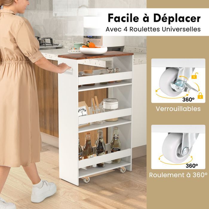 Desserte de Cuisine 20cm à Roulettes COSTWAY, Rangement Etroit à 4 Niveaux, Etagères Ouvertes, Poignée, pour Buanderie,Blanc Marron