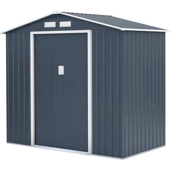 Metalen tuinschuur 2,71 m² - 213 x 127 x 195 cm - PLUTON - Inclusief verankeringsset, 2 schuifdeuren - Grijs