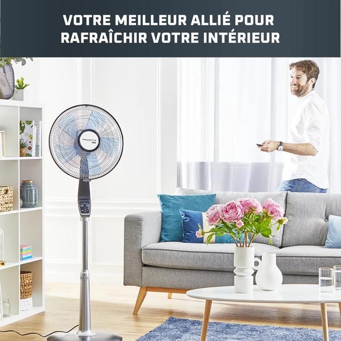 Ventilador de pedestal Rowenta potente y silencioso con control remoto, 5 velocidades y altura ajustable VU5670F2