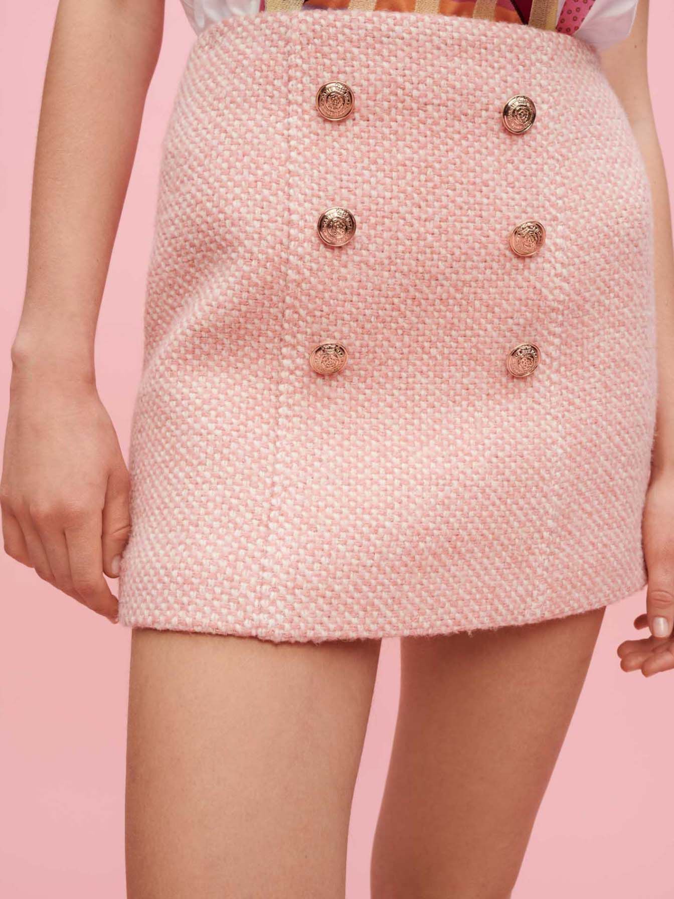 Roze en ecru gemêleerde tweed rok - Roze