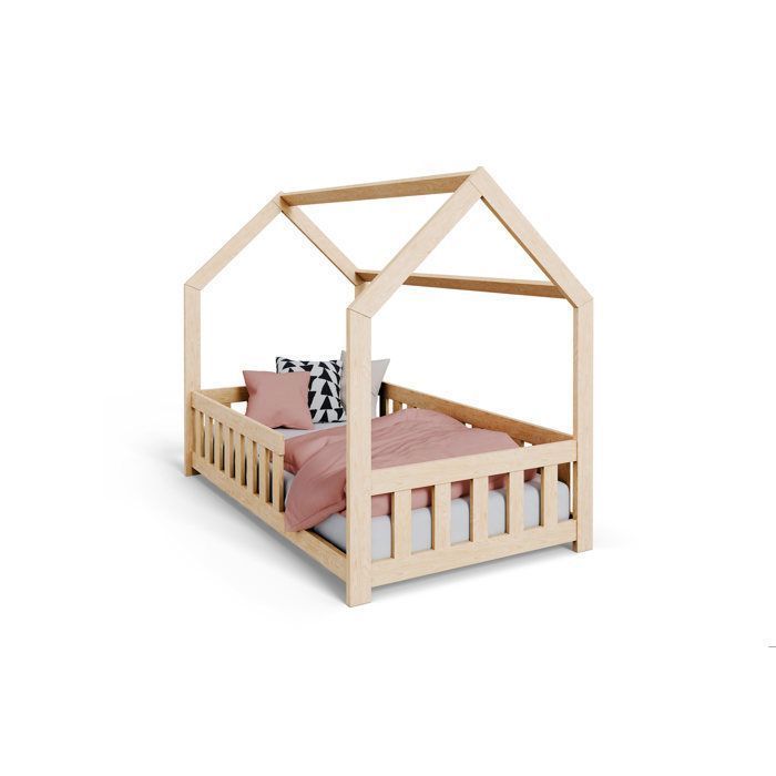 DUBI - Cama infantil tipo cabaña de 80 x 160 cm, color natural, con somier de láminas, barandillas de seguridad y colchón.