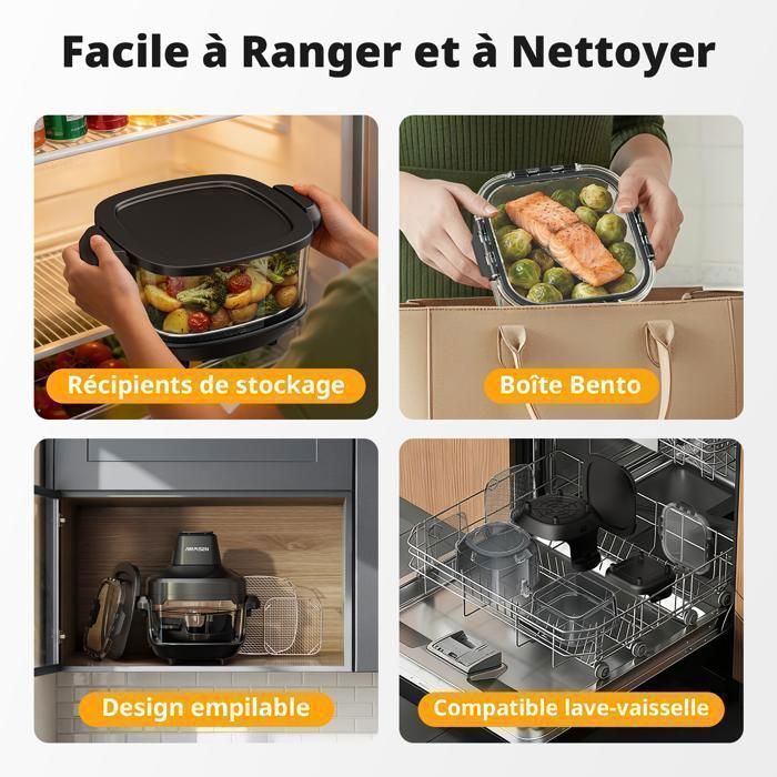 Freidora de aire AIRMSEN de 1500 W con vaso de cristal de 5,7 L (4,5 L + 1,2 L), cocción visible, cocina saludable, 4 programas, patatas fritas, pollo, color negro.
