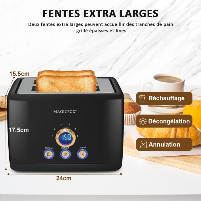 Tostadora digital MAGICFOX, 2 ranuras extra anchas, 3 funciones preestablecidas, expulsión automática, tostado clásico - 840 W - Negra