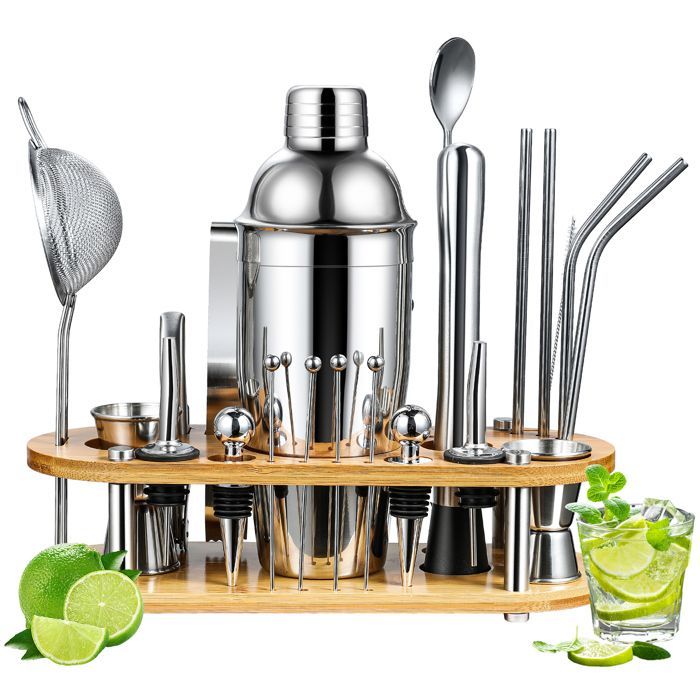 Shaker per cocktail da 750 ml - PRUMYA - Kit da barman da 23 pezzi in acciaio inossidabile da 750 ml - con supporto in legno