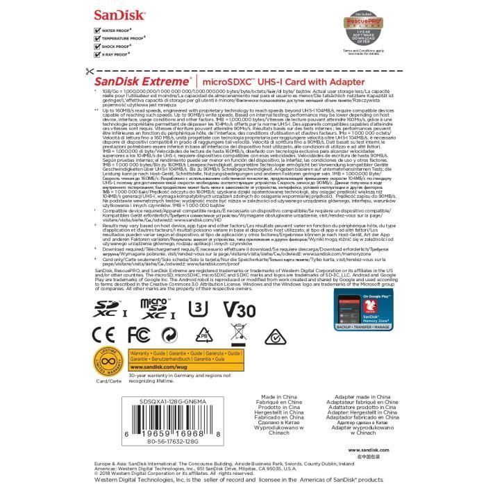 Carte Mémoire microSDXC SanDisk Extreme 128 Go + Adaptateur SD avec Performances Applicatives A2 jusqu'à 160 Mo/s, Classe 10, U3,