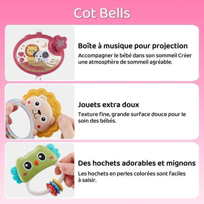 Móbile musical para berço, com luzes e projetor com controle remoto, presente ideal para recém-nascidos, rosa.