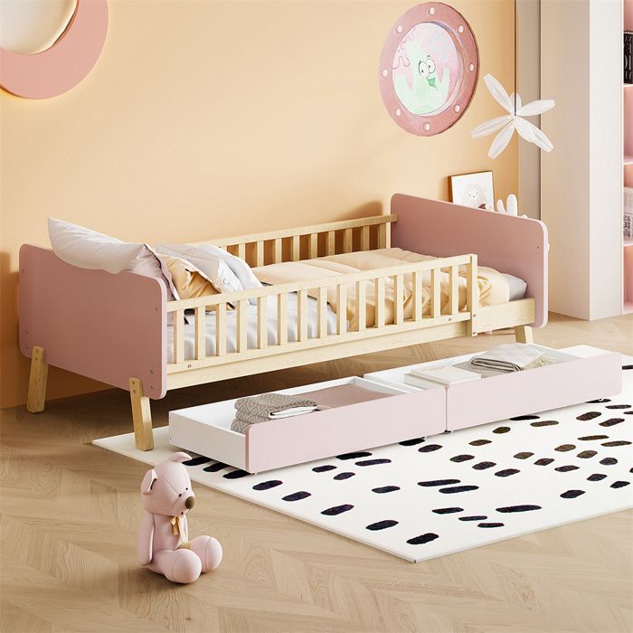 Lit enfant 90x190 en bois massif avec sommier à lattes et 2 tiroirs – Rose