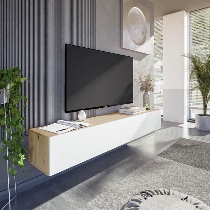 Wandmeubel voor tv - B 180 x D 28 x H 35 cm KAWAY - Wit en eiken afwerking - 2 neerklapbare deuren