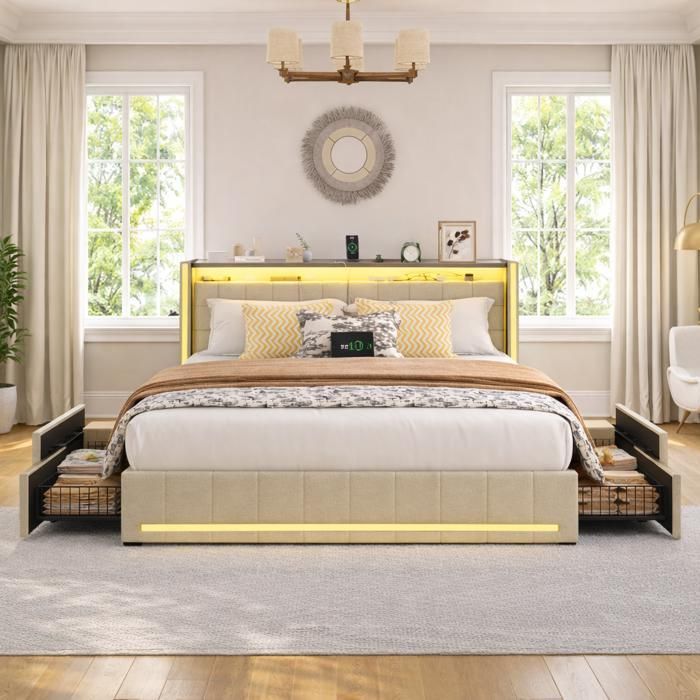 Cama doble de 180x200 cm con somier de láminas, cabecero con LED y puertos USB, 4 cajones, tapizada en tela de lino, color beige.