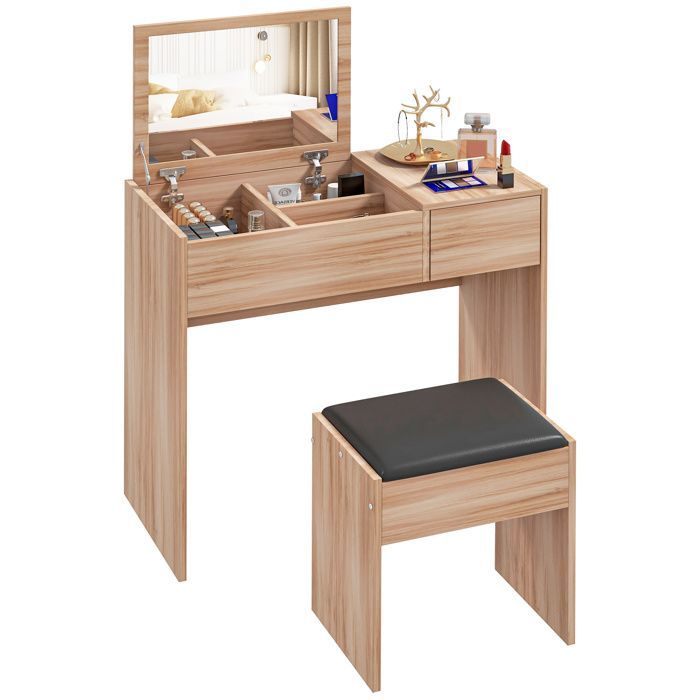 HOMCOM Coiffeuse avec Tabouret, Table de Maquillage avec Miroir, Plateau Abattant et Boîtes de Rangement, Naturelle