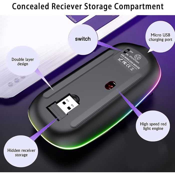 Ratón inalámbrico A20, óptico de 2,4 GHz, silencioso, portátil, RGB, con receptor USB, 3 niveles de DPI ajustables, recargable (SNAKIOX)