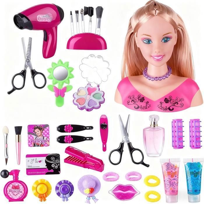 Muñeca de juguete de maquillaje y peinado de 35 piezas, cabeza de peinado y maquillaje para niños, juego de simulación, juego de rol para niños