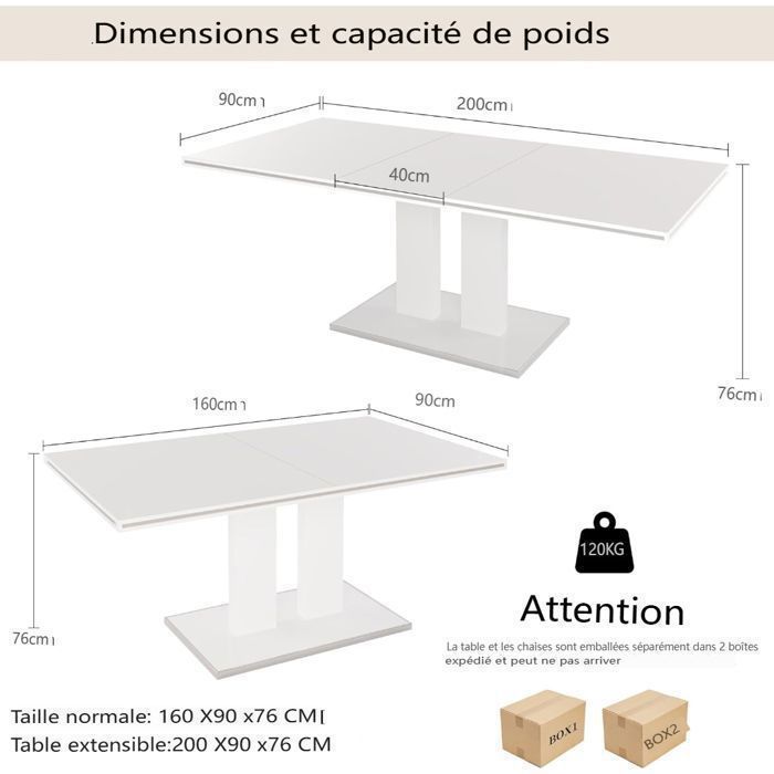 JIEXI Table extensible Table à manger moderne, table de cuisine rectangulaire en MDF 160-200 cm