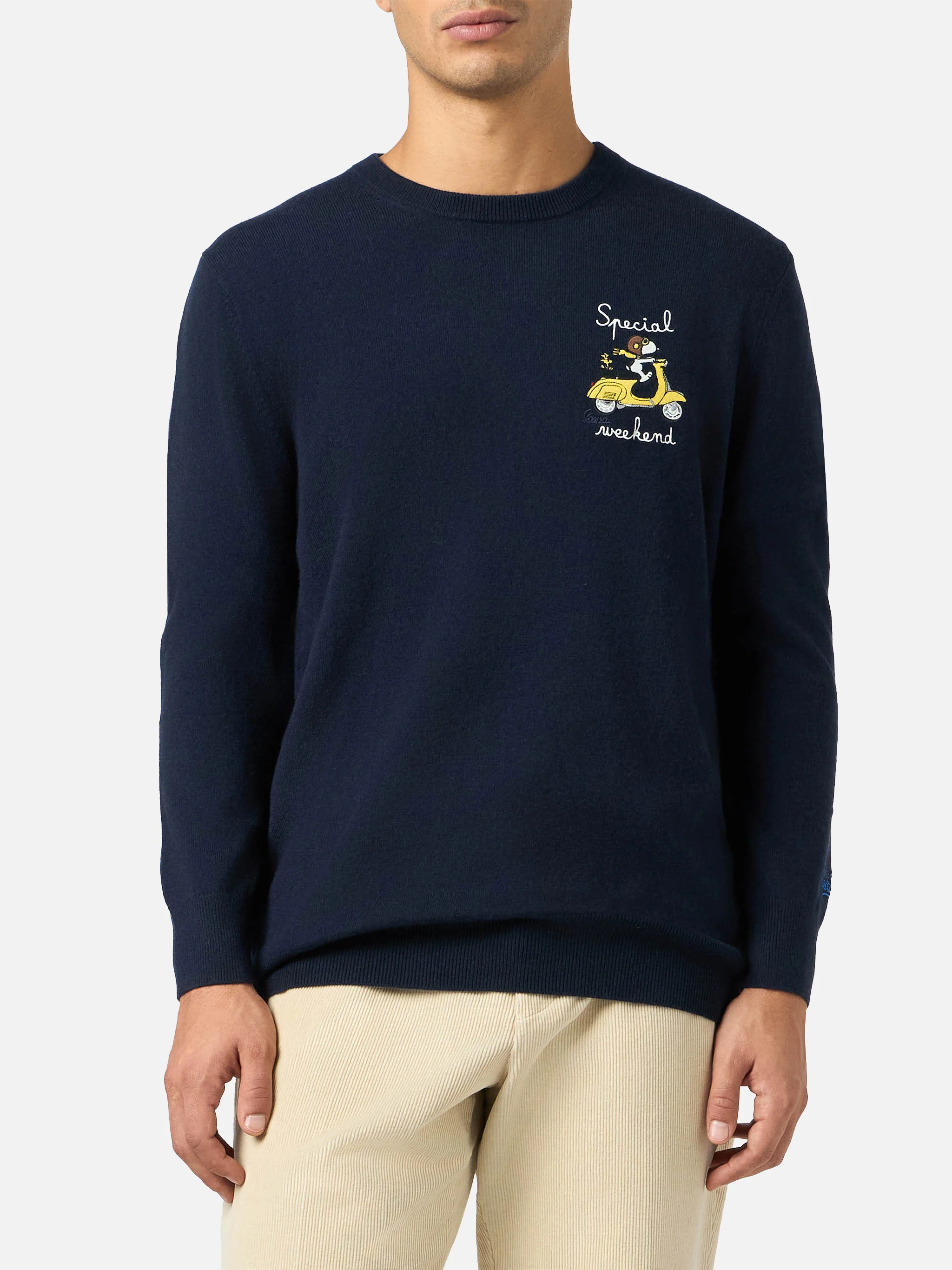 Maglione da uomo blu Heron con ricamo special weekend Snoopy | EDIZION