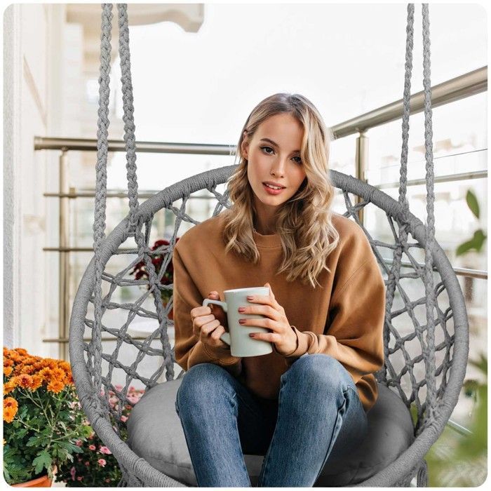 Fauteuil suspendu de jardin - JANSHOP - Style boho - Gris - Coussin inclus - Tressage épais - Structure métallique