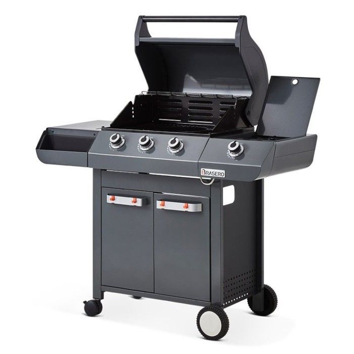 Barbacoa Emma color gris plomo con 3 quemadores + 1 quemador lateral - Brasero - FlexiGrill - Superficie de cocción de 57 x 41,5 cm - 2 estantes