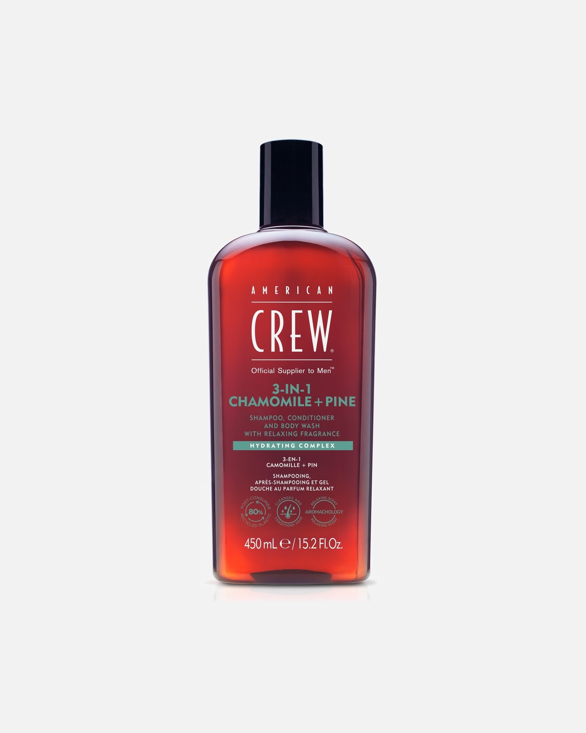 American Crew 3-v-1 šampon za lase, kamilica in bor, balzam, gel za prhanje in - 450 ml
