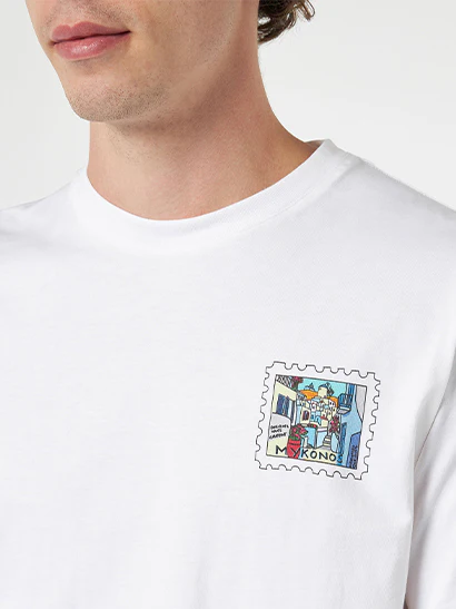 Heren katoenen T-shirt met Mykon-ansichtkaartprint op voor- en achterkant
