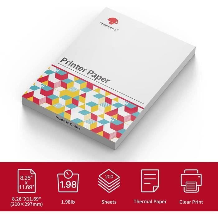 papier thermique imprimante a4 Papier thermique A4 pour imprimante portable Phomemo M08F, 200 feuilles