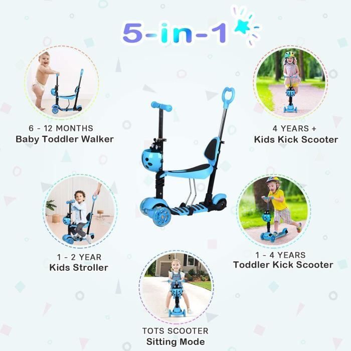 5-in-1 Blue Children's Scooter with Adjustable Removable Seat and Push Handle; Lightweight Scooter with Light-Up Wheels
