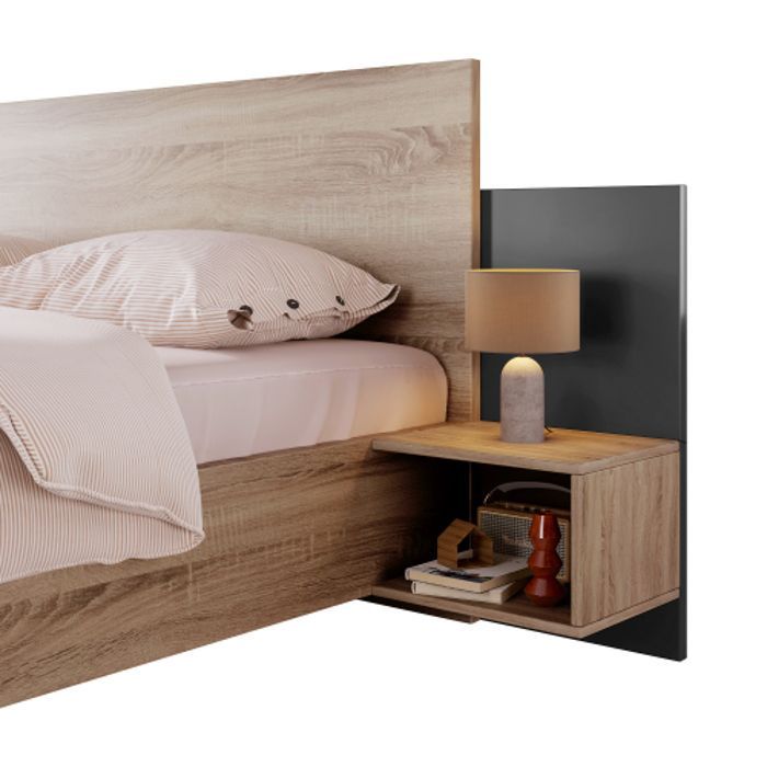 Cama de adulto, cama de madera con 2 mesitas de noche, conjunto de dormitorio - gris oscuro, 160 x 200 cm