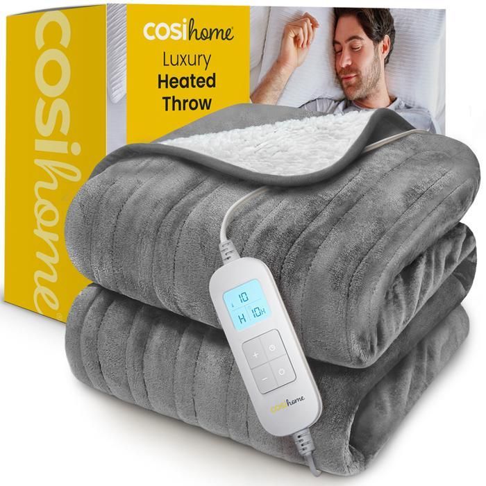 Manta eléctrica calefactable - COSI HOME - 180x130cm - Gris - 10 niveles de temperatura - Temporizador de 10 horas
