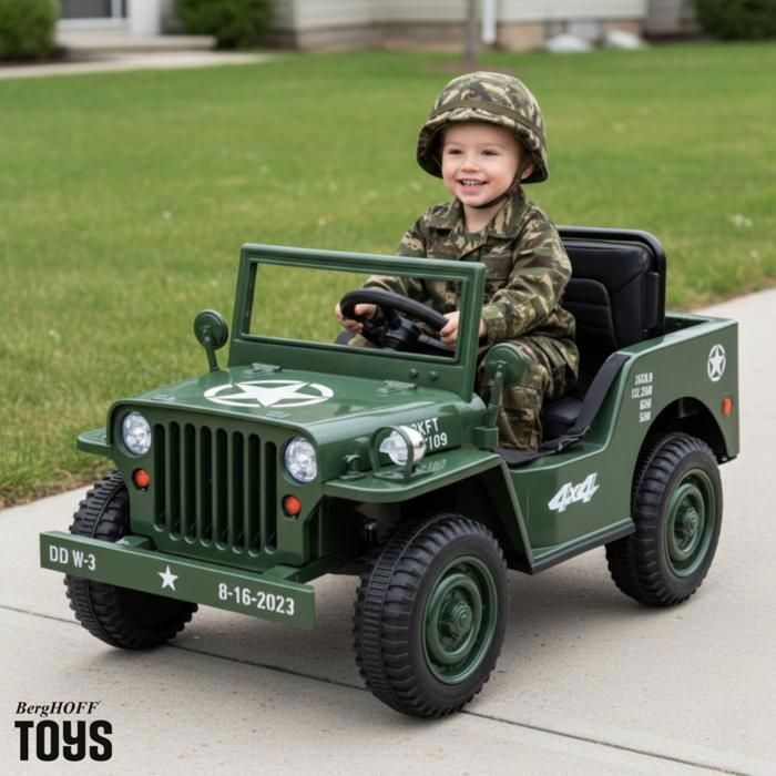 VROOOMY Willys Auto elettrica militare 12V - Verde militare - Età 1-6 anni - Pneumatici in EVA - Bluetooth - Pala inclusa