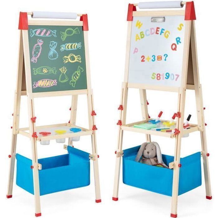 COSTWAY 3-in-1 Kinderschildersezel - 60 accessoires - Dubbelzijdige schildersezel (magnetisch en krijtbord) - Papierrol