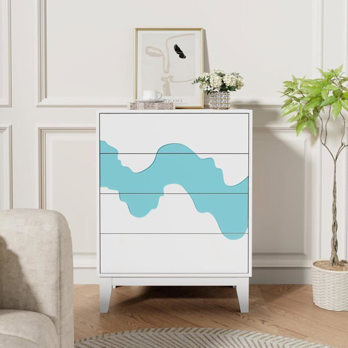 GOOBUY Commode à 4 Tiroirs 60cm, Armoire de Rangement, Grand Espace de Rangement, Motif Vague Irrégulière, 60 x 35 x 82 cm, Blanc