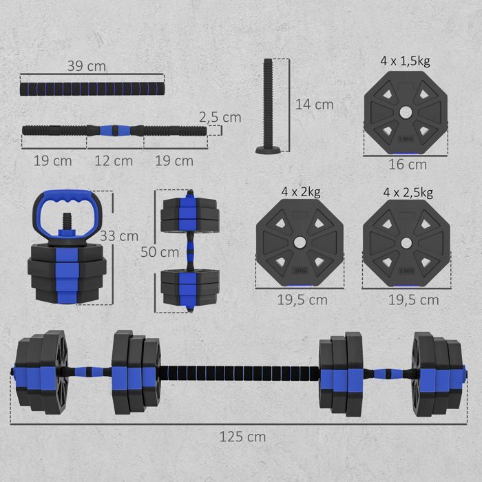 Gewichtheber-Hantelset – SPORTNOW – 6-in-1 – 25 kg – Kurzhantel, Kettlebell, Langhantel, Liegestützgriff – blau