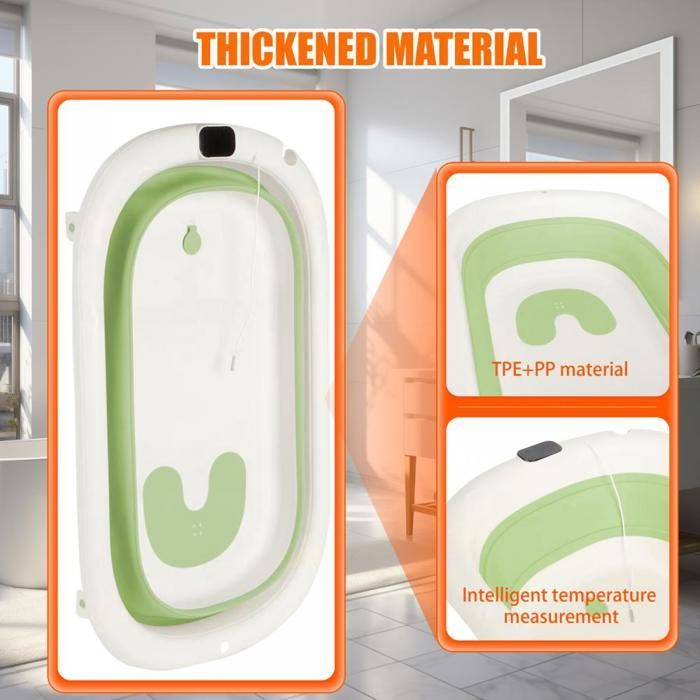Bañera plegable para bebé MIPAN - Con tapón de drenaje + termómetro digital + cojín de asiento - Patas antideslizantes - Verde