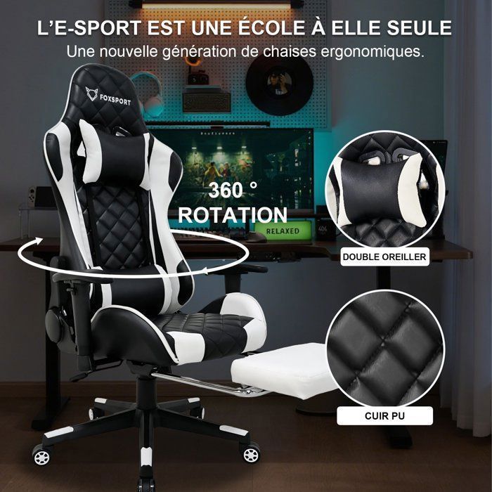 Sedia da gaming - FOXSPORT - Modello ergonomico - Regolabile in altezza - Poggiapiedi telescopico - Portata massima 150 kg - Bianca