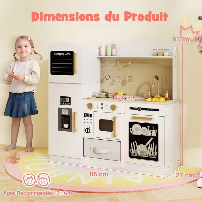 COSTWAY Cuisine Enfants 3 Ans+, 10 avec Accessoires, Effet lumineux et Sonores, Lave-Vaisselle, Micro-ondes,Tableau Noir...