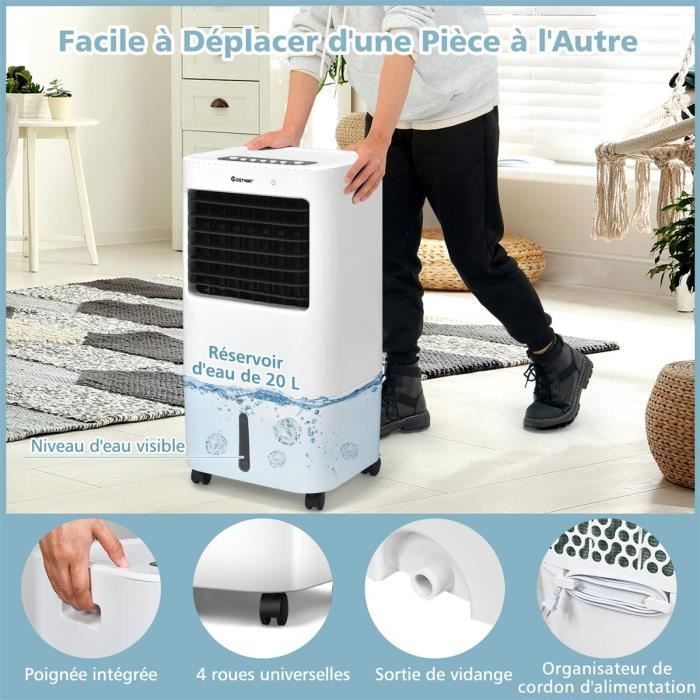 Aire acondicionado portátil COSTWAY 4 en 1 de 20 L - 4 velocidades - Enfriador de aire y ventilador portátil - Oscilación de 40° - Temporizador de 7,5 horas