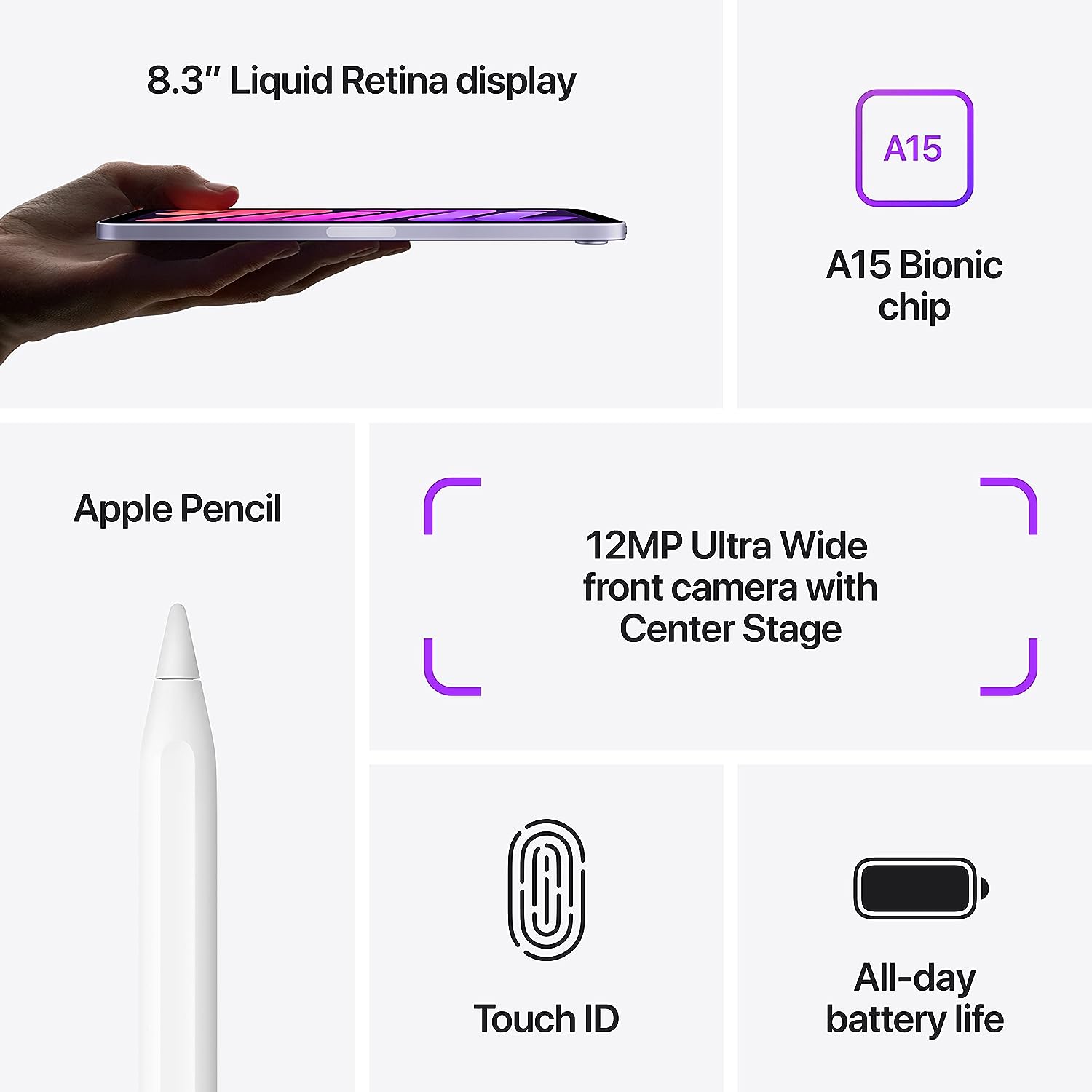 Apple iPad Mini (6e generatie): met A15 Bionic-chip, 8,3-inch Liquid Retina-display, Wi-Fi 6, 12 MP camera aan de voorzijde/12 MP camera aan de achterzijde, Touch ID, batterijduur van een hele dag
