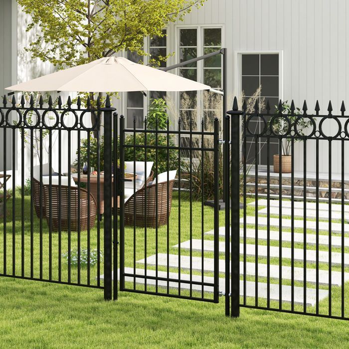 Puerta de jardín - Outsunny - acero galvanizado - 107 x 204 cm - cerradura, llaves y manilla - negra