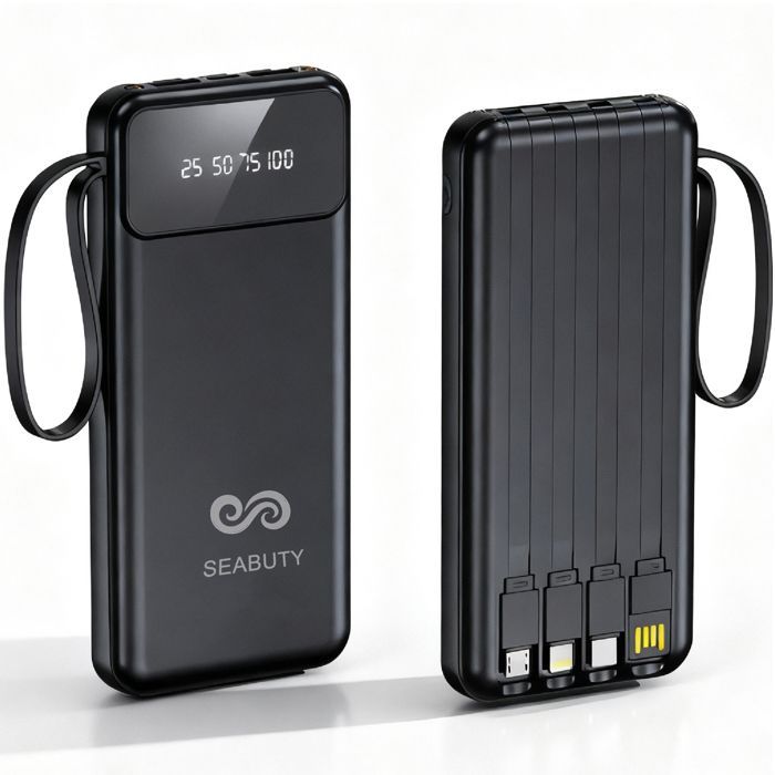 Batterie Externe 20000mAh Power Bank avec 4 Câbles Intégrés Chargeur Portable 5 Sorties et 2 Entrées avec Écran LED et Lampe