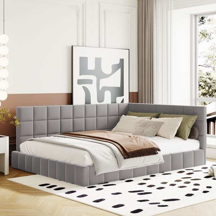 MEUBLIV Lit banquette capitonné 140x200cm lit adulte avec sommier à lattes, velours, gris