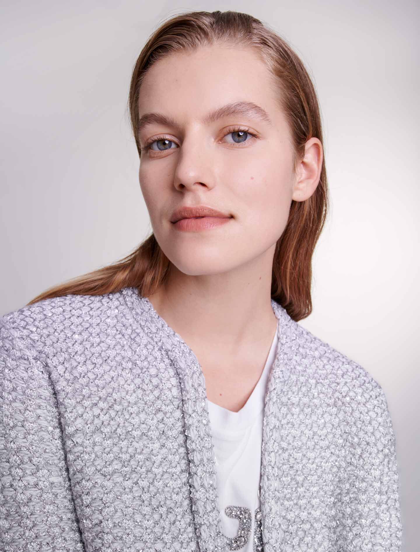 Cardigan tricotat cu efect tweed - Argintiu