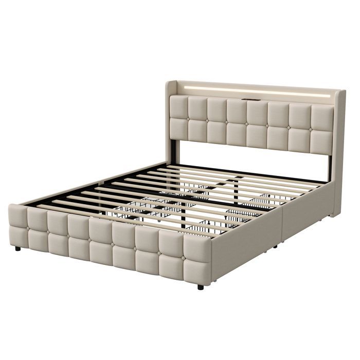 Cama doble con cajones de 160x200 cm, puerto USB, cabecero LED, con 4 cajones, ropa de cama, somier de láminas, apta para adultos - beige