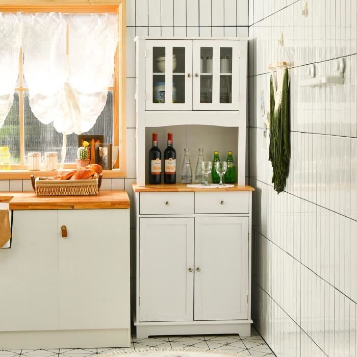 COSTWAY Buffet de Cuisine avec 2 Tiroirs et 2 Placards, 2 Portes vitrées, Passe-câble, Étagères Réglables, 68 x 40 x 170 cm