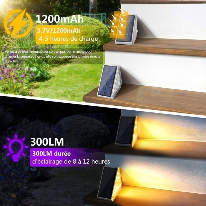 2pcs Lumière D'escalier Solaire,300LM LED Eclairage Solaire Escalier Exterieur avec Detecteur