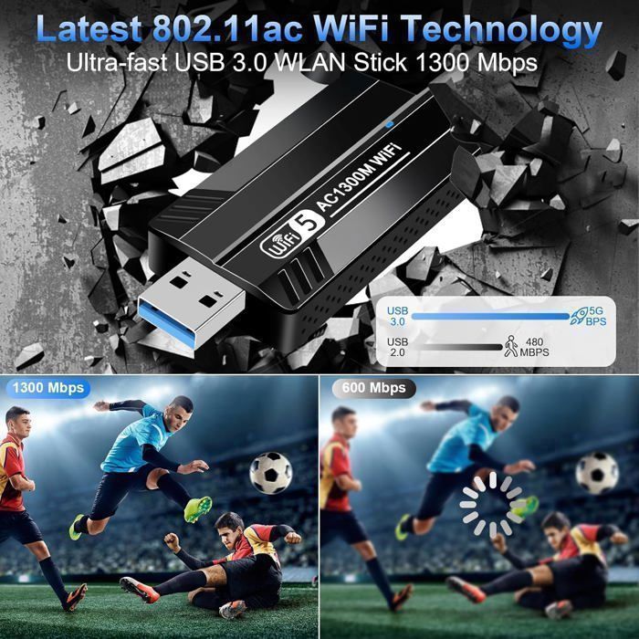 Clé WiFi Puissante, AC1300 Mbps USB 3.0 Double Bande Antenne WiFi 2.4G / 5GHz Dongle WiFi, Compatible avec Windows 11/10/8/7/XP