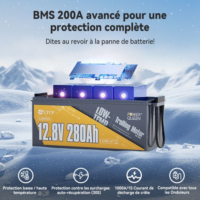 PowerQueen Batterie Lithium 12V280Ah LiFePO4 pour camping-cars BMS200A Protection de Froid  système solaire, bateau