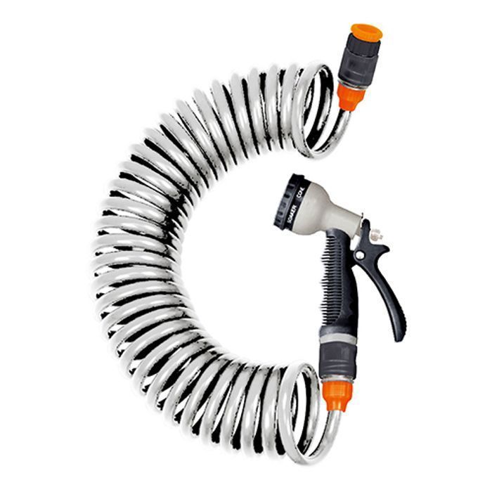 SPIDO – Kit para balcón con manguera espiral de 10 m y pistola pulverizadora multichorro – Accesorios incluidos – Para regar terrazas y balcones