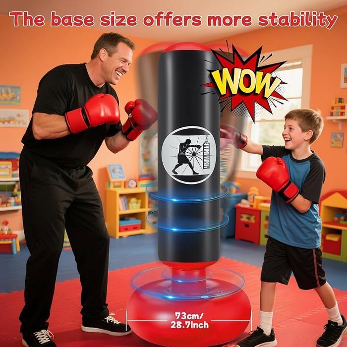 Saco de boxeo inflable independiente para niños de 160 cm con bomba de aire y guantes de boxeo, color negro. Set de regalo.