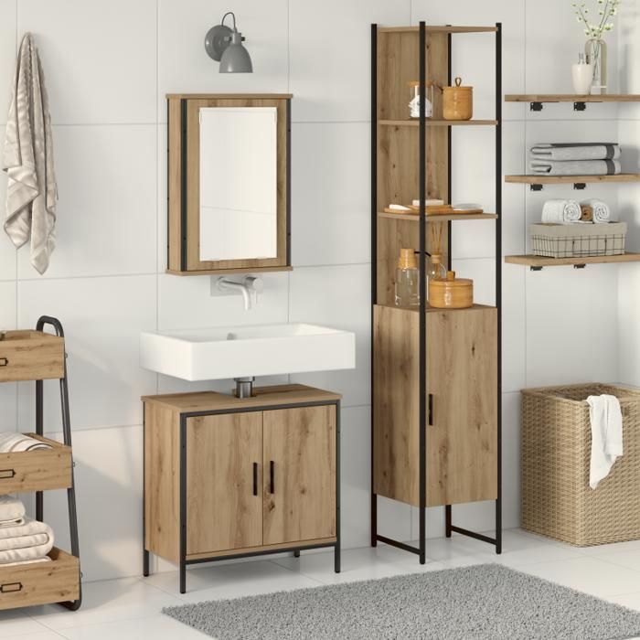 Conjunto de muebles de baño - 3 piezas - Roble artesanal - Acabado mate - Estilo contemporáneo