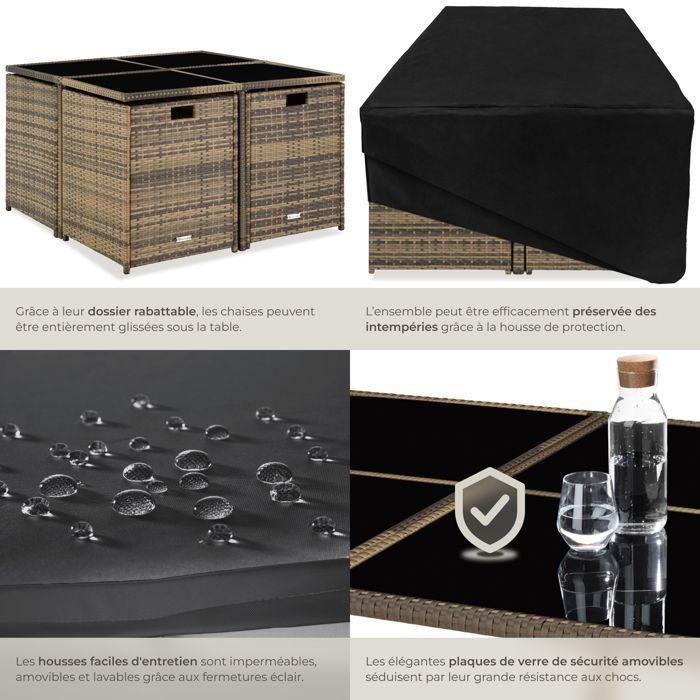 Conjunto de jardín - TECTAKE - Conjunto de salón de jardín de 8 plazas con fundas BILBAO, sillones apilables, resina tejida - Marrón natural