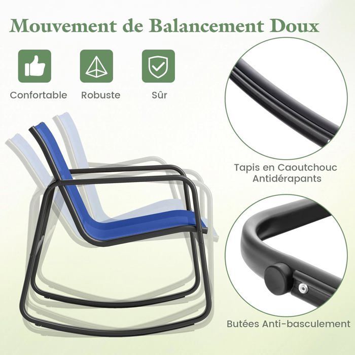 COSTWAY Ensemble 3PCS Table et Chaises de Jardin, Table en Verre Trempé, Chaises à Bascule 2 Places, pour Balcon Patio Piscine,Bleu